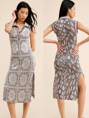 Anna Sui Opalescent Knit Polo 70's Disco Sparkle Shimmer Floral Dress Size S